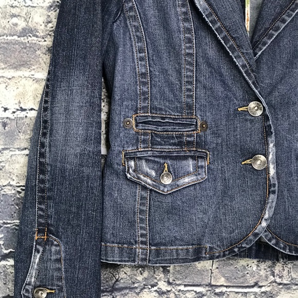 LEVEL 99 Distressed Fitted Denim Blazer Jacket - Picture 4 of 8